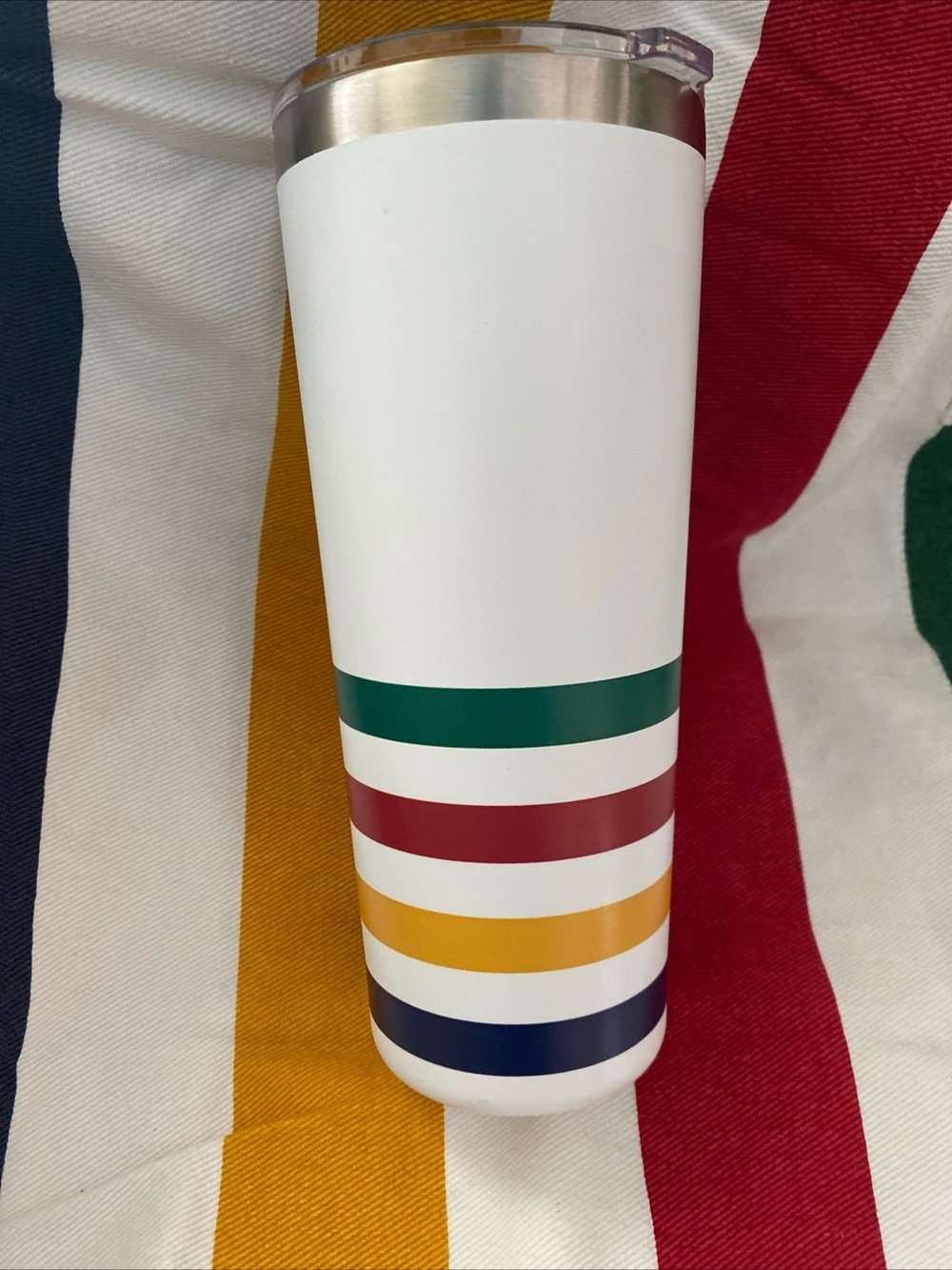 Hudson Bay Company Insulated White Tumbler Green, Red, Yellow & Navy Stripes